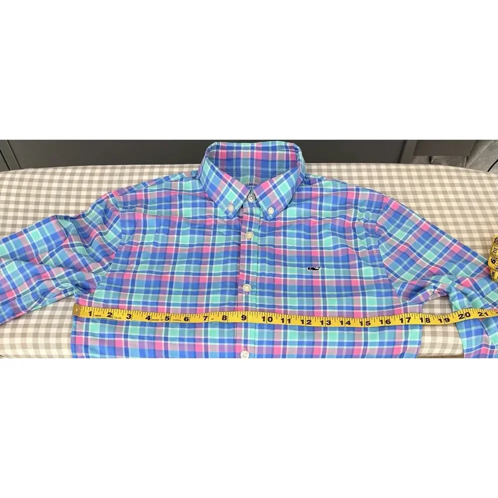 Vineyard Vines Performance Shirt Boys XL 18 Blue Pink Plaid Long Sleeve Logo